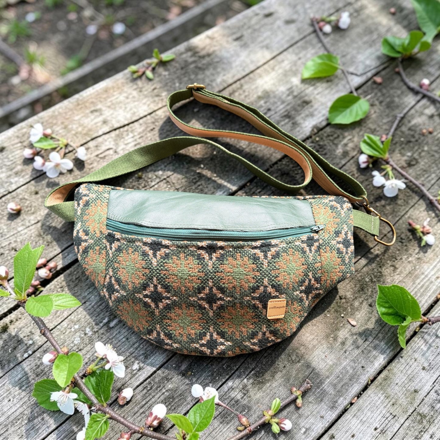 Welsh wool tapestry and real leather crossbody bum bag