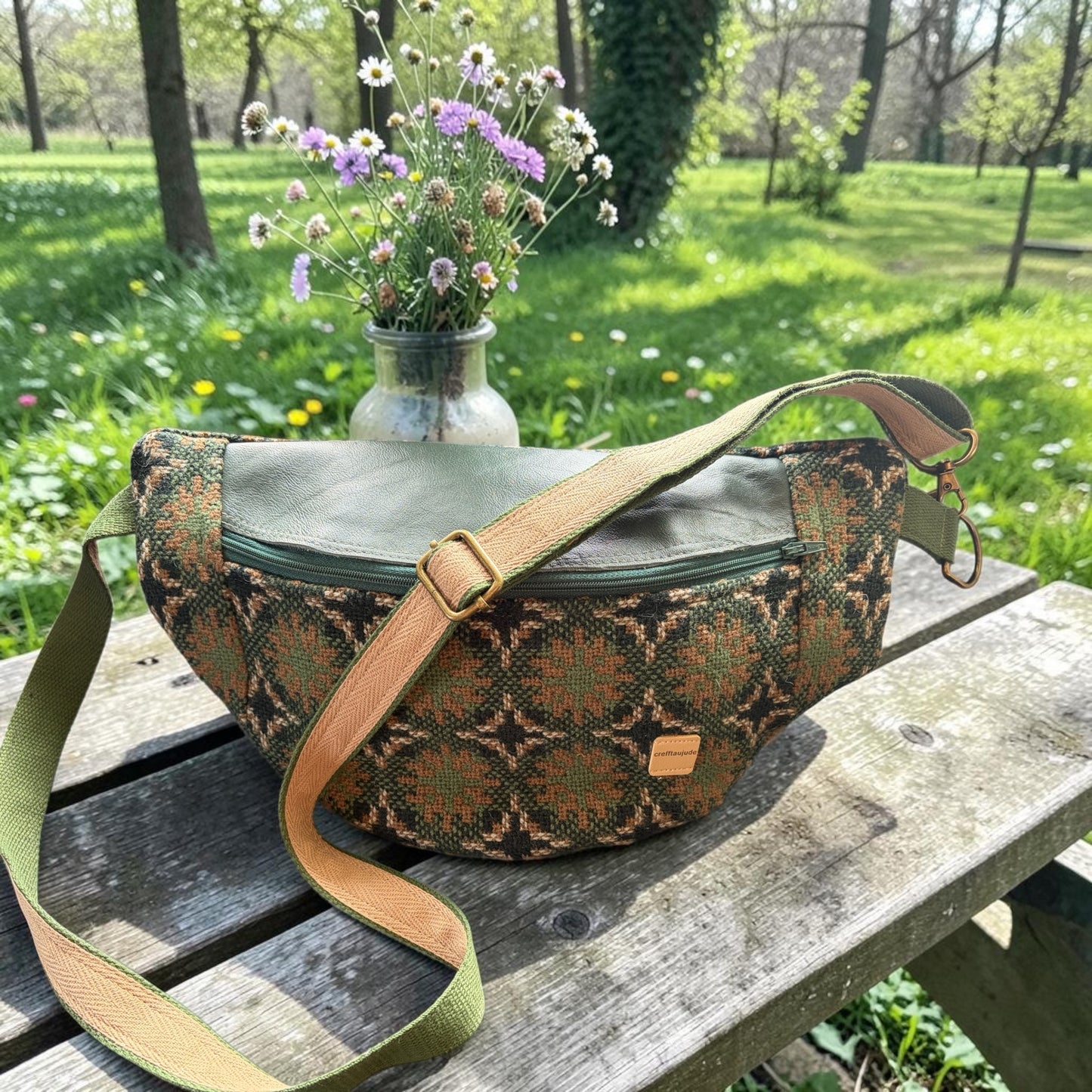 Welsh wool tapestry and real leather crossbody bum bag