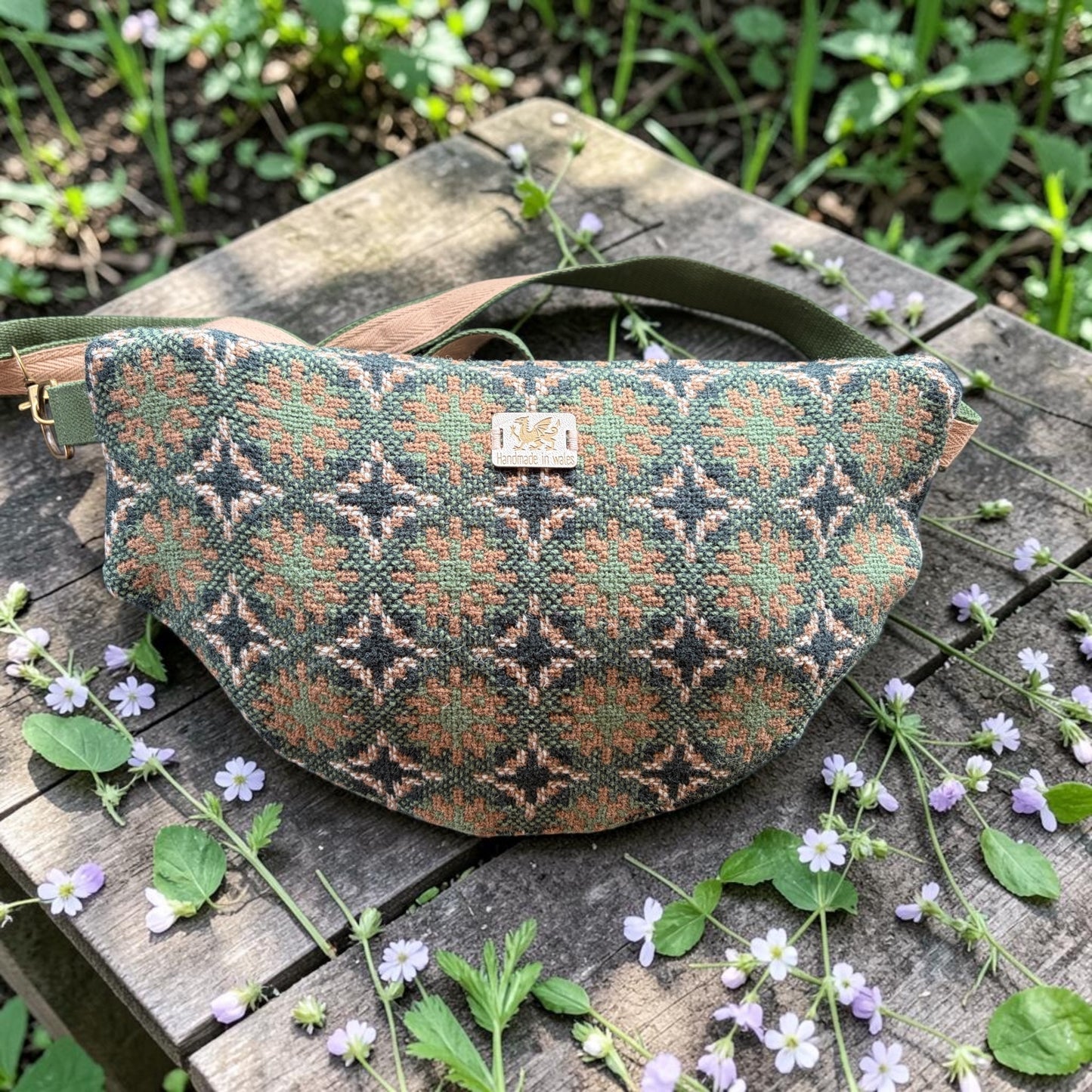 Welsh wool tapestry and real leather crossbody bum bag