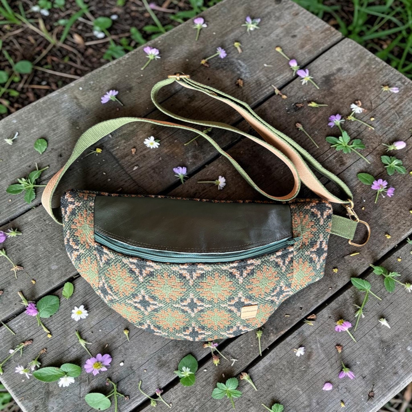 Welsh wool tapestry and real leather crossbody bum bag