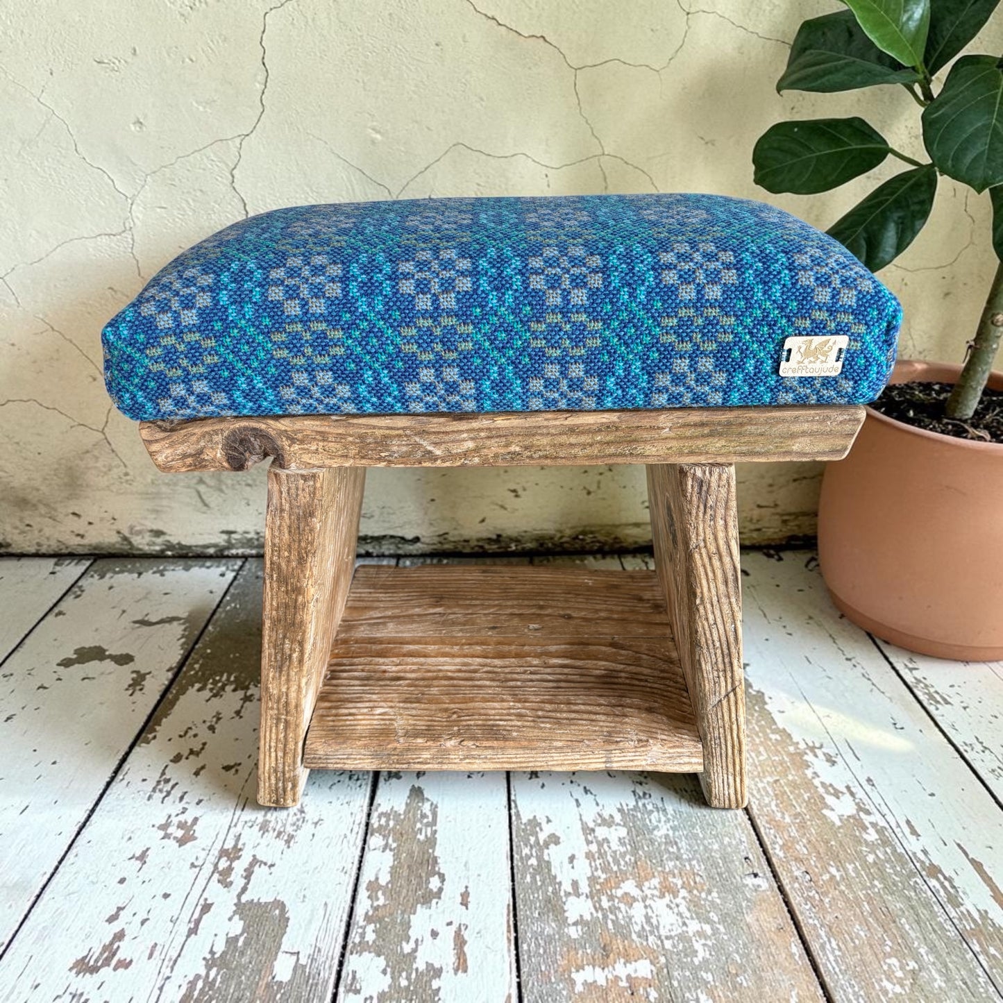 The Cwtsh Stool — Handmade Reclaimed Wood Footstool with Welsh Tapestry
