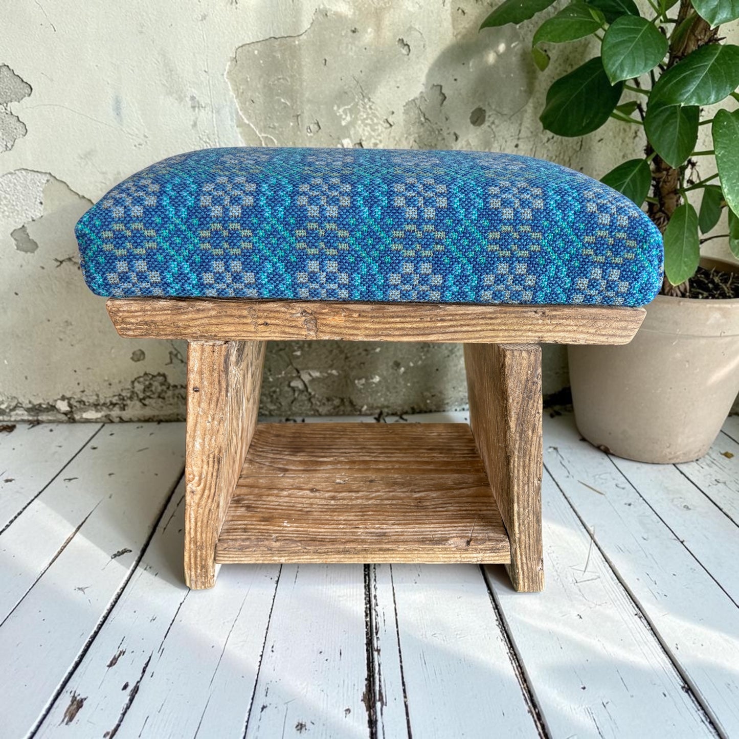 The Cwtsh Stool — Handmade Reclaimed Wood Footstool with Welsh Tapestry