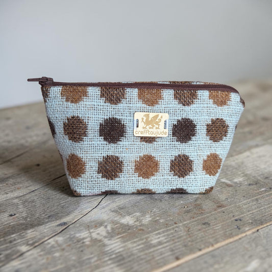 Handmade Wool Make-Up Bag — Ice Blue & Chocolate Spots | M-029