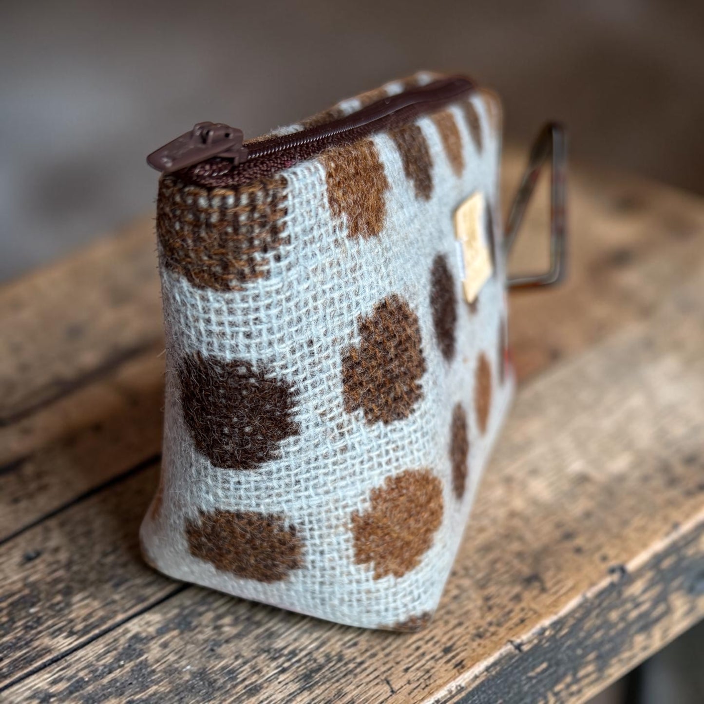 Handmade Wool Make-Up Bag — Ice Blue & Chocolate Spots | M-029