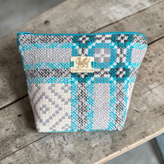Handmade Welsh Tapestry Make-Up Bag — Turquoise Geometric | M-028