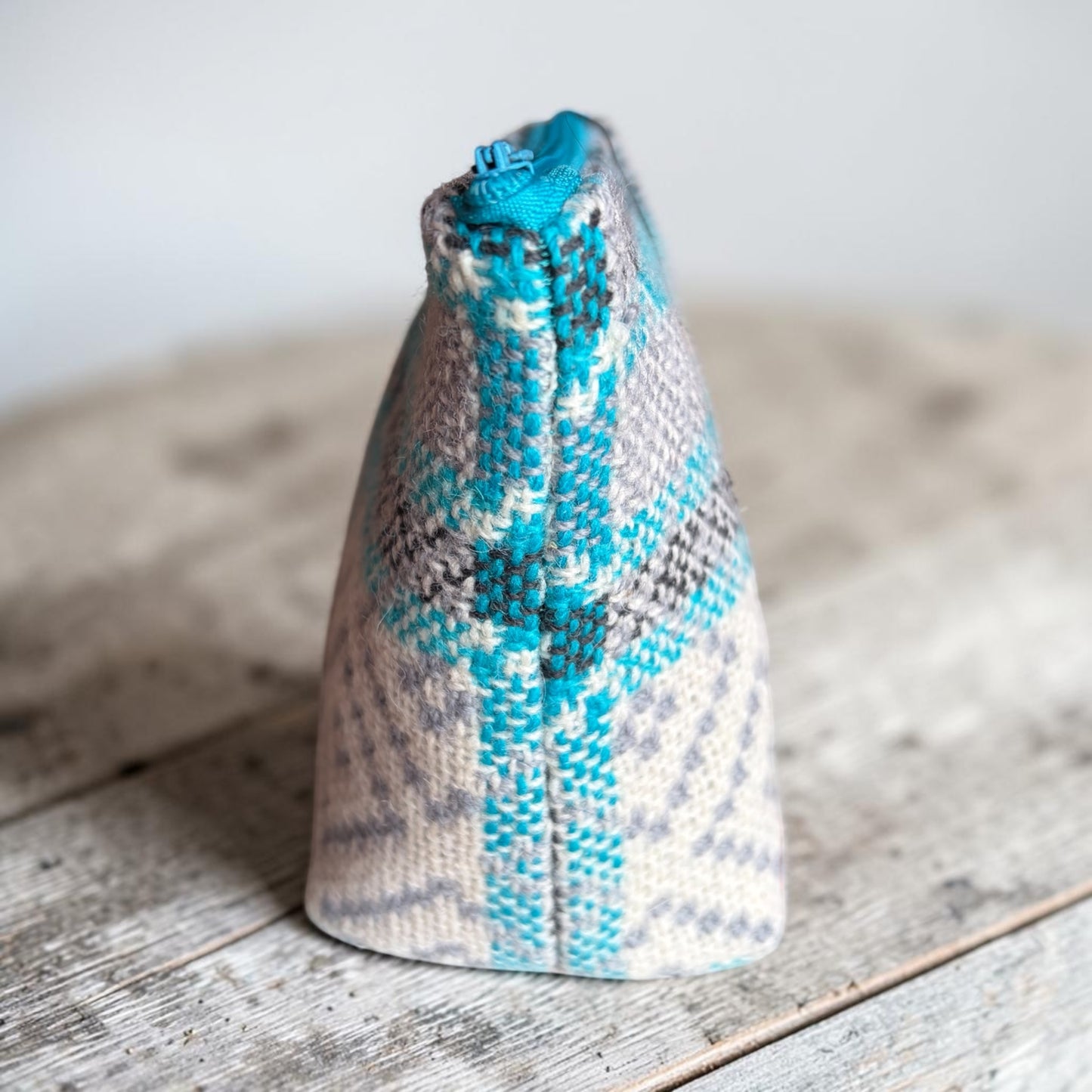 Handmade Welsh Tapestry Make-Up Bag — Turquoise Geometric | M-028
