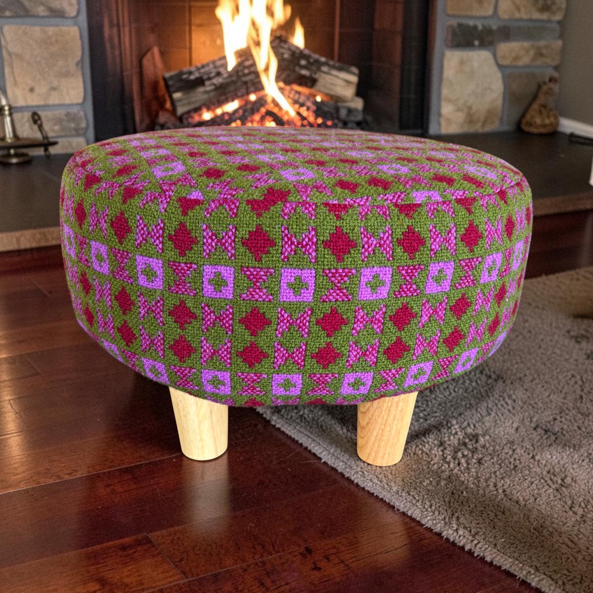 Welsh Tapestry Footstool — Pink & Khaki Geometric | Chunky Wooden Legs | FS-2