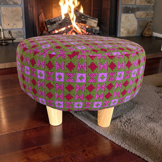 Welsh Tapestry Footstool — Pink & Khaki Geometric | Chunky Wooden Legs | FS-2