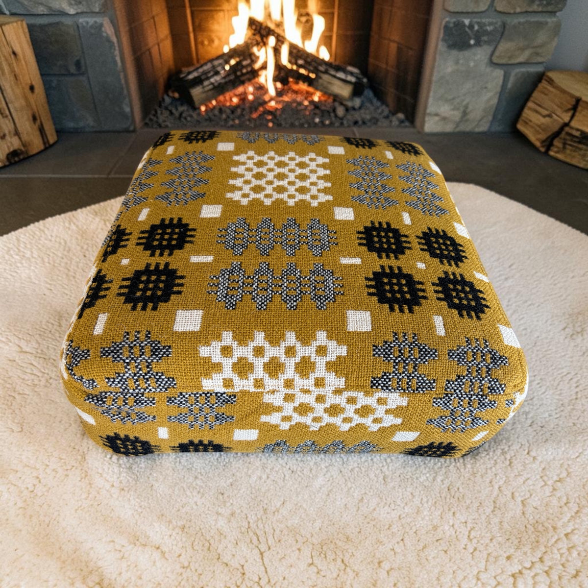 Welsh Tapestry Footstool — Mustard, Black & Cream Portcullis | Black Legs | FS-4